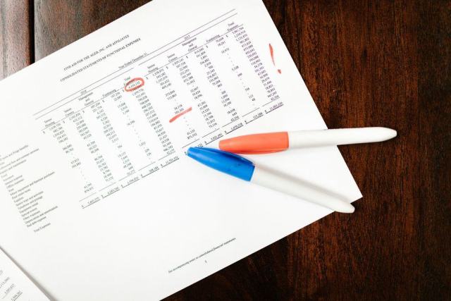 État financier annoté au surligneur, posé sur une table en bois avec deux marqueurs